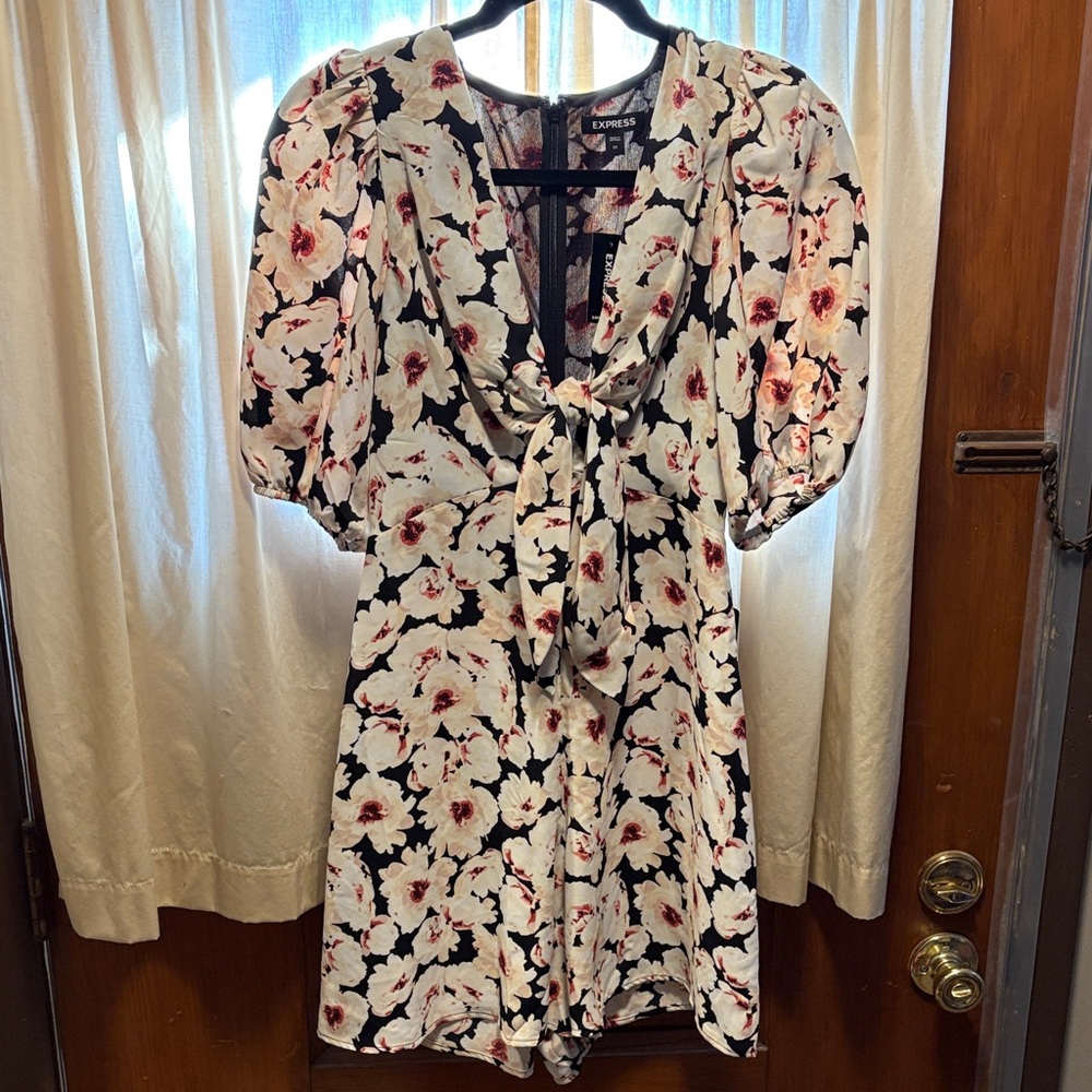 Express Black and Pink Floral Tie-Front Romper